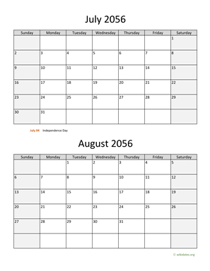 July and August 2056 Calendar Vertical