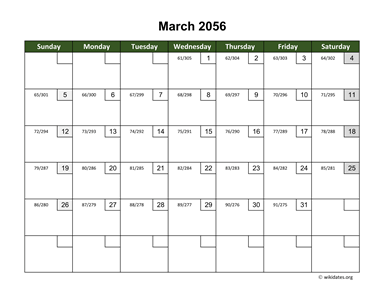 March 2056 Calendar with Day Numbers