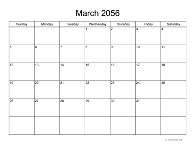 Basic Calendar for March 2056
