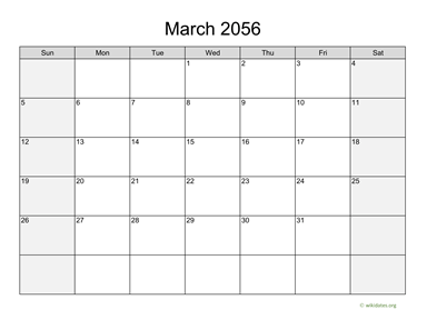 March 2056 Calendar with Weekend Shaded