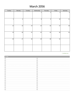 March 2056 Calendar with To-Do List