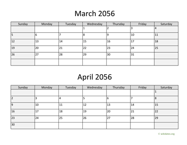 March and April 2056 Calendar Horizontal