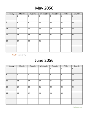 May and June 2056 Calendar Vertical