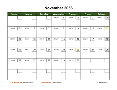 November 2056 Calendar with Day Numbers
