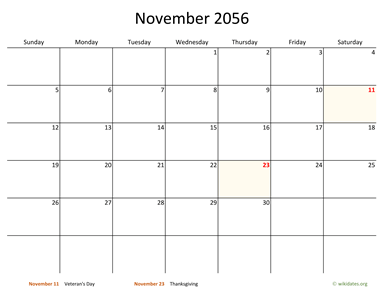 November 2056 Calendar with Bigger boxes