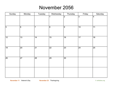 Basic Calendar for November 2056