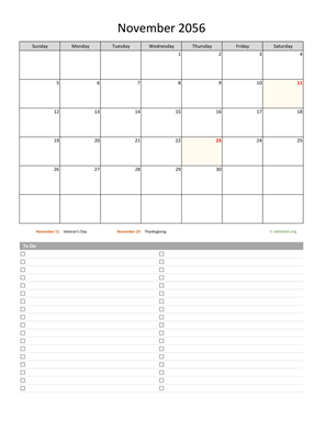 November 2056 Calendar with To-Do List