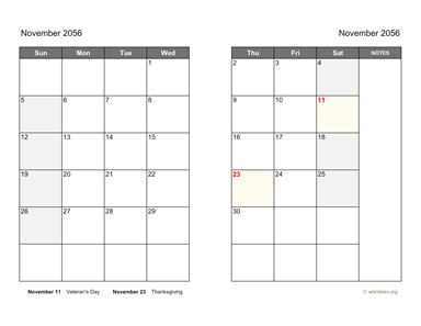 November 2056 Calendar on two pages