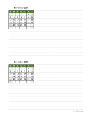 November and December 2056 Calendar with Notes