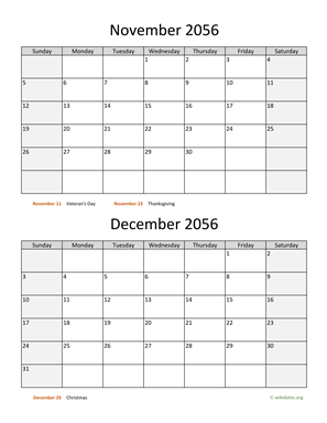 November and December 2056 Calendar Vertical