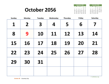 October 2056 Calendar with Extra-large Dates