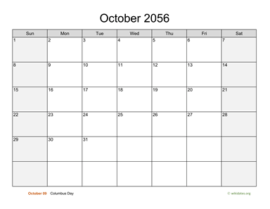 October 2056 Calendar with Weekend Shaded