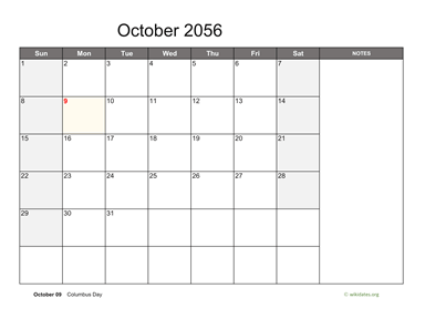 October 2056 Calendar with Notes