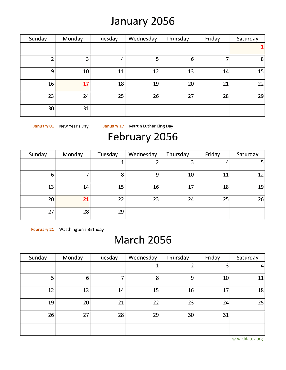 Printable 2056 Calendar | WikiDates.org