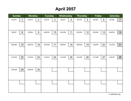 April 2057 Calendar with Day Numbers