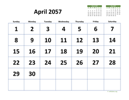 April 2057 Calendar with Extra-large Dates