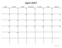 April 2057 Calendar with Bigger boxes