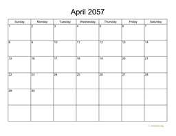 Basic Calendar for April 2057