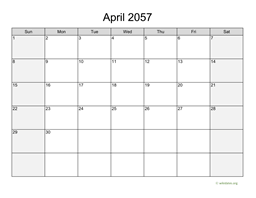 April 2057 Calendar with Weekend Shaded