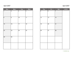 April 2057 Calendar on two pages