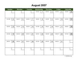 August 2057 Calendar with Day Numbers
