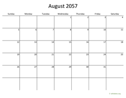 August 2057 Calendar with Bigger boxes