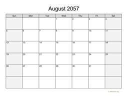 August 2057 Calendar with Weekend Shaded