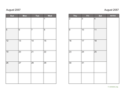 August 2057 Calendar on two pages