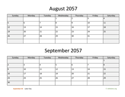 August and September 2057 Calendar