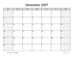 December 2057 Calendar with Weekend Shaded