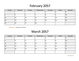 February and March 2057 Calendar