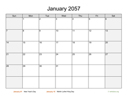 January 2057 Calendar with Weekend Shaded