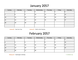 January and February 2057 Calendar