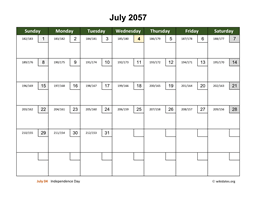 July 2057 Calendar with Day Numbers