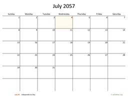 July 2057 Calendar with Bigger boxes