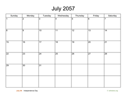 Basic Calendar for July 2057