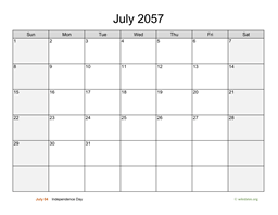 July 2057 Calendar with Weekend Shaded