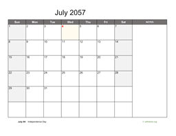 July 2057 Calendar with Notes