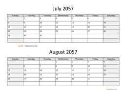 July and August 2057 Calendar