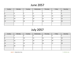 June and July 2057 Calendar