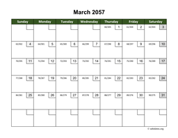 March 2057 Calendar with Day Numbers