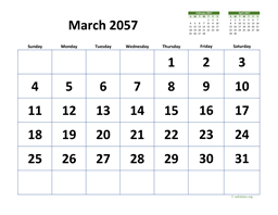 March 2057 Calendar with Extra-large Dates