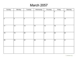 Basic Calendar for March 2057
