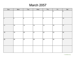 March 2057 Calendar with Weekend Shaded