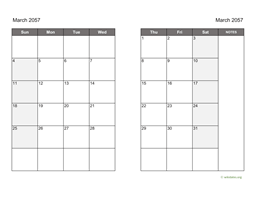 March 2057 Calendar on two pages