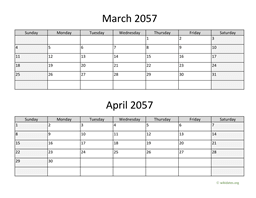 March and April 2057 Calendar