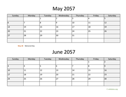 May and June 2057 Calendar