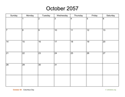 Basic Calendar for October 2057