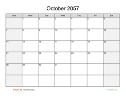 October 2057 Calendar with Weekend Shaded