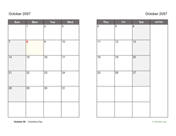 October 2057 Calendar on two pages